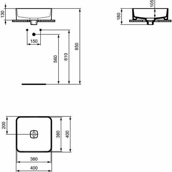 Lavoar pe blat Ideal Standard Strada II patrat 40x40 cm fara preaplin