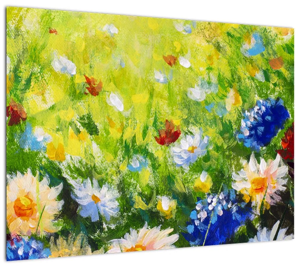 Tablou pe sticlă - Pictură în ulei, pajiște înflorită (70x50 cm)
