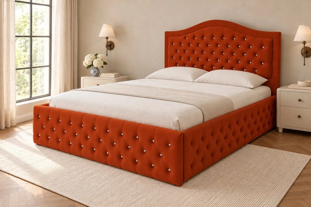 Pat tapițat Chesterfield din catifea Solaria Deluxe Cristal 180×200 cm, cărămiziu, cu ladă de depozitare
