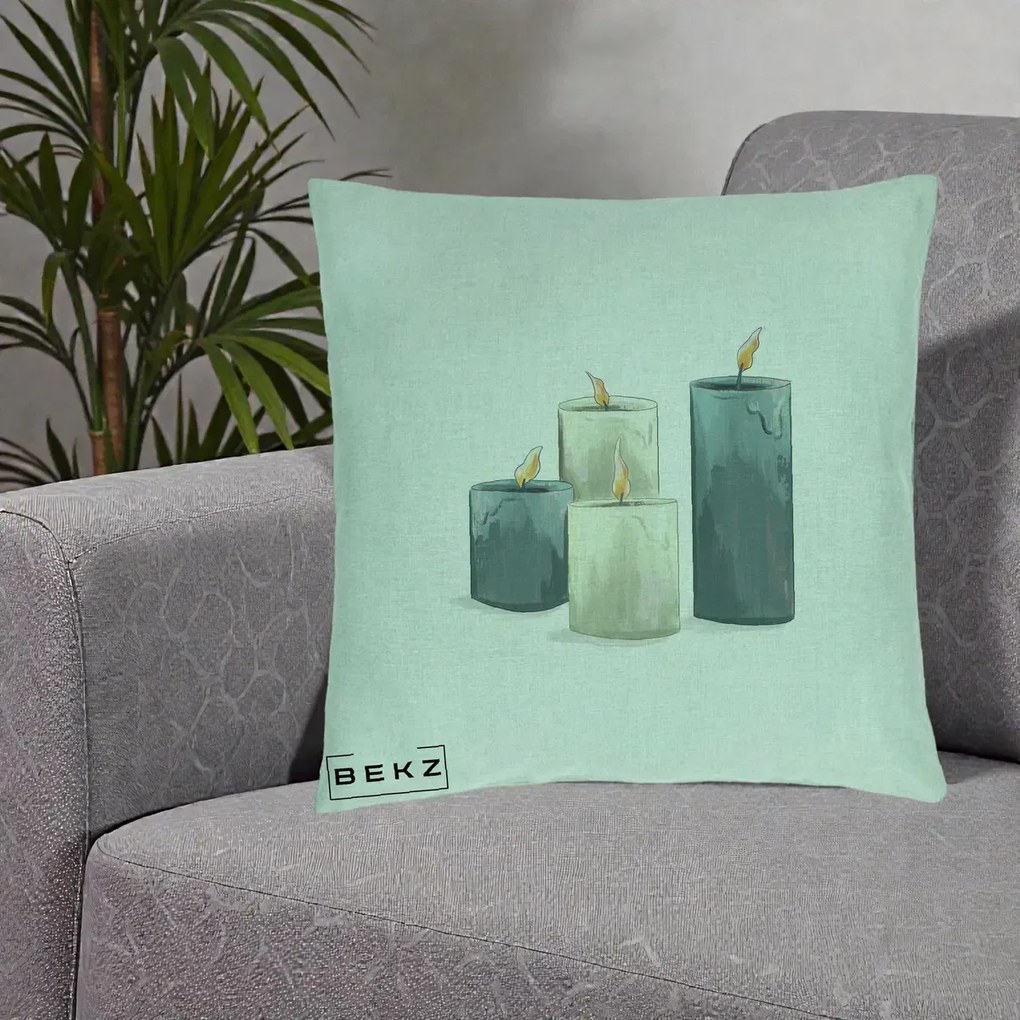 Perna Decorativa Lumanari Hygge Alb-Verde, 40x40 cm, Verde Menta, Husa Detasabila, Perna Inclusa, BEKZ®