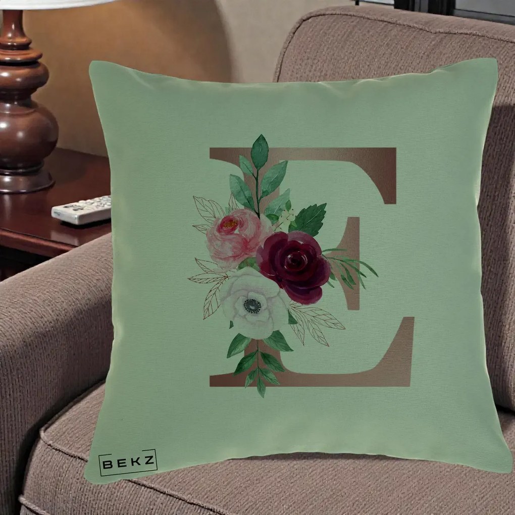 Cadou Personalizat - Perna Personalizata Monograma Rose Gold Litera E, 40x40 cm, Verde, Husa Detasabila, Perna Inclusa, BEKZ®