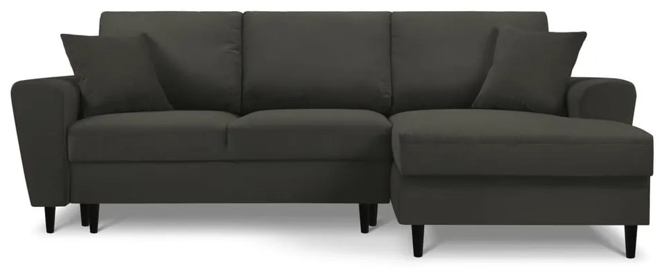 Colțar negru extensibil, cu spațiu de depozitare cu tapițerie din catifea reiată (cu colț pe partea dreaptă, cu șezlong) Kyoto – Cosmopolitan Design