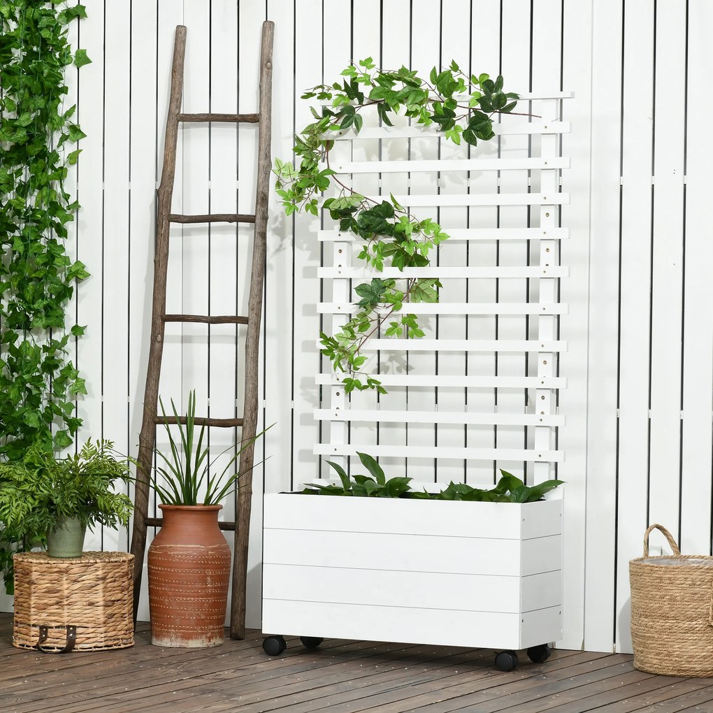 Outsunny Jardinieră Verticală Mobilă cu Suport pentru Plante Cățărătoare, din Lemn de Brad, 4 Roți, 76x30x155 cm, Alb | Aosom Romania