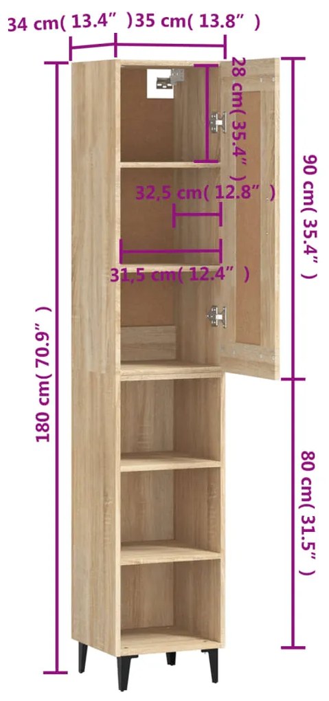 Dulap inalt, stejar sonoma,35x34x180    lemn prelucrat 1, Stejar sonoma, 3 Rafturi