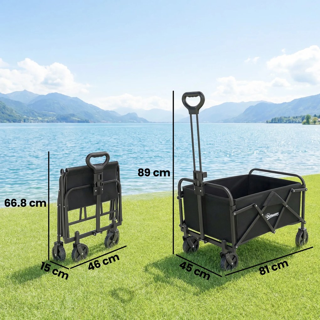 Outsunny Cărucior de grădină pliabil cu roți mâner reglabil sarcină 68 kg pentru camping cumpărături 81x45x89 cm Negru | Aosom Romania