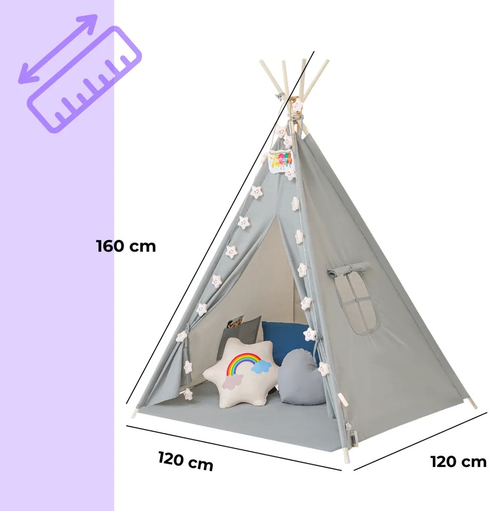 Jurhan Cort tip teepee pentru copii JULIUS, 120x120x160cm, gri/albastru