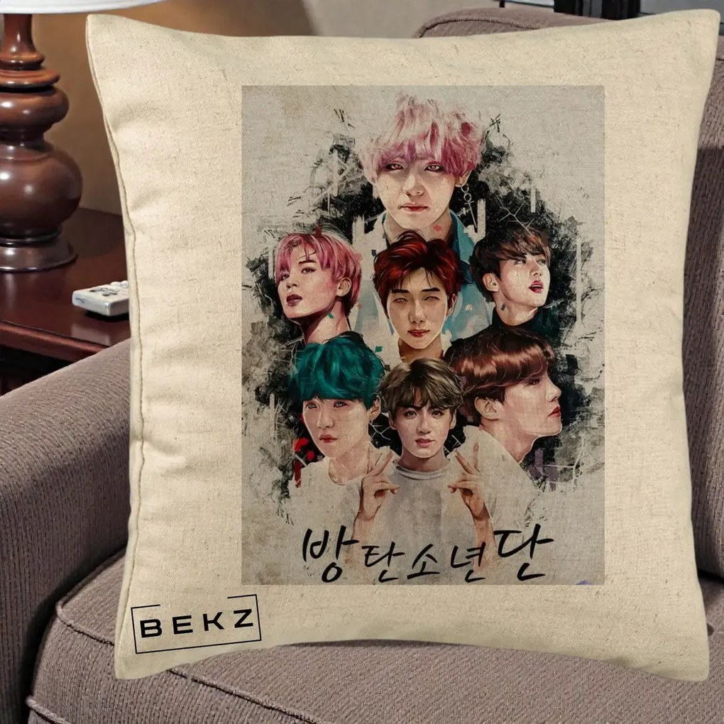 Perna Personalizata K-pop BTS Bangtan Boys Poster Artistic Negru Alb, 40x40 cm, Bej, Husa Detasabila, Perna Inclusa, BEKZ®