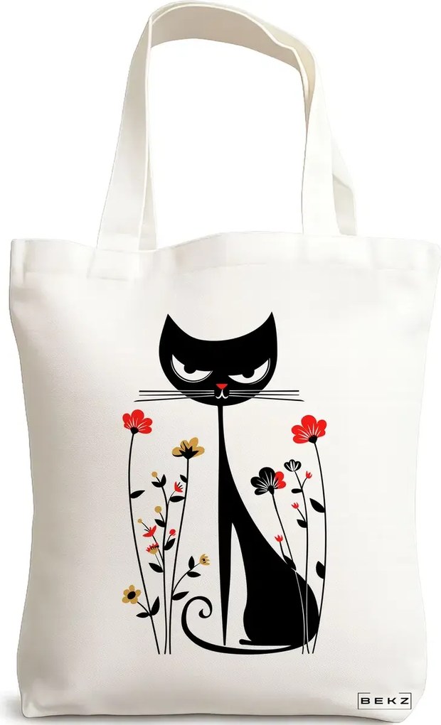 Sacosa de Panza pentru Cumparaturi, Geanta Tote, model Cat and Flowers 2, 38 x 34.5 cm, Alba, BEKZ®