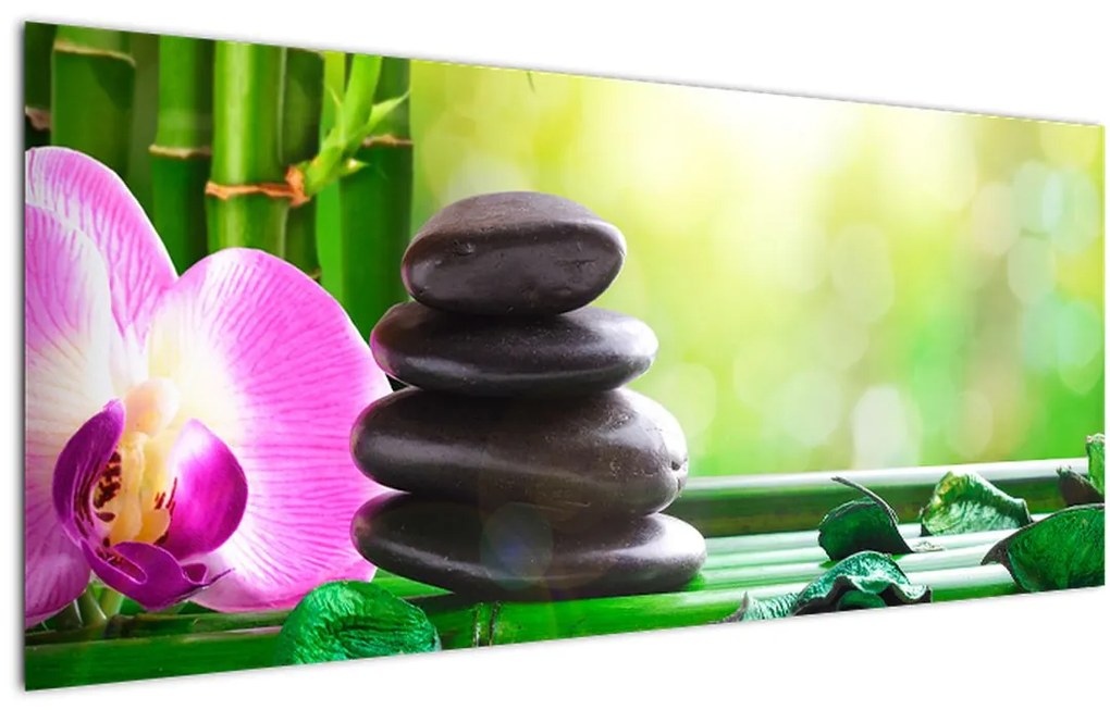 Tablou cu pietre pentru masaj și orhidee (120x50 cm)