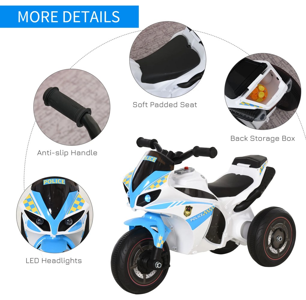HOMCOM Motocicletă pentru Copii 18-36 Luni cu 3 Roți, Muzică și Faruri, 74x39x48 cm, Albastru Deschis | Aosom Romania
