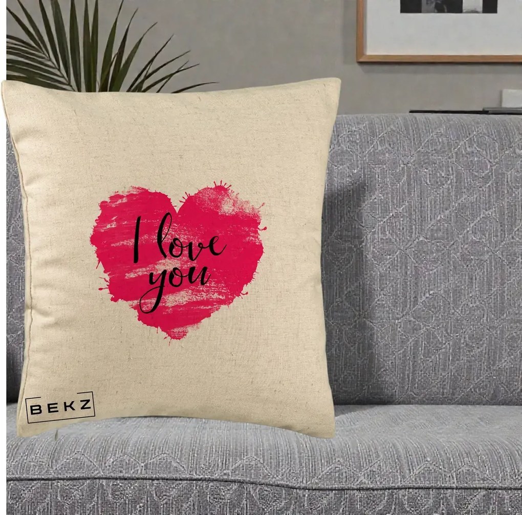 Cadou Romantic - Perna Personalizata I Love You Inima Roz, 40x40 cm, Bej, Husa Detasabila, Perna Inclusa, BEKZ®