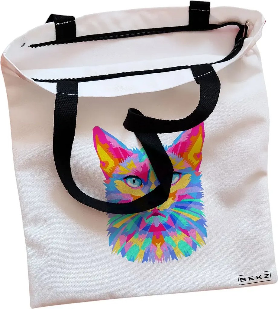 Sacosa de Panza pentru Cumparaturi, Geanta Tote, model Colorful Geometric Cat, Cu fermoar, 38x34.5 cm, Alba, BEKZ®