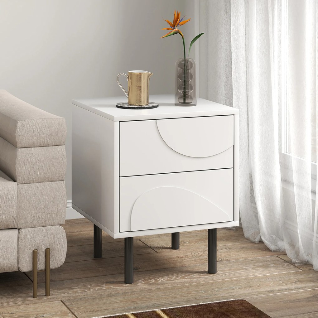 HOMCOM Noptieră, masă de alături cu 2 sertare cu deschidere prin apăsare, picioare din oțel, 40 x 40 x 50 cm, alb | Aosom Romania
