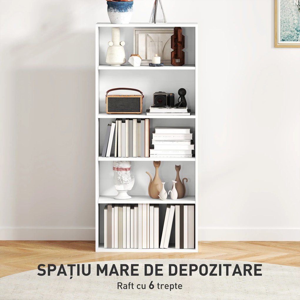 HOMCOM Bibliotecă cu 5 Niveluri și Rafturi Ajustabile, 60x24x133,5 cm, Alb | Aosom Romania