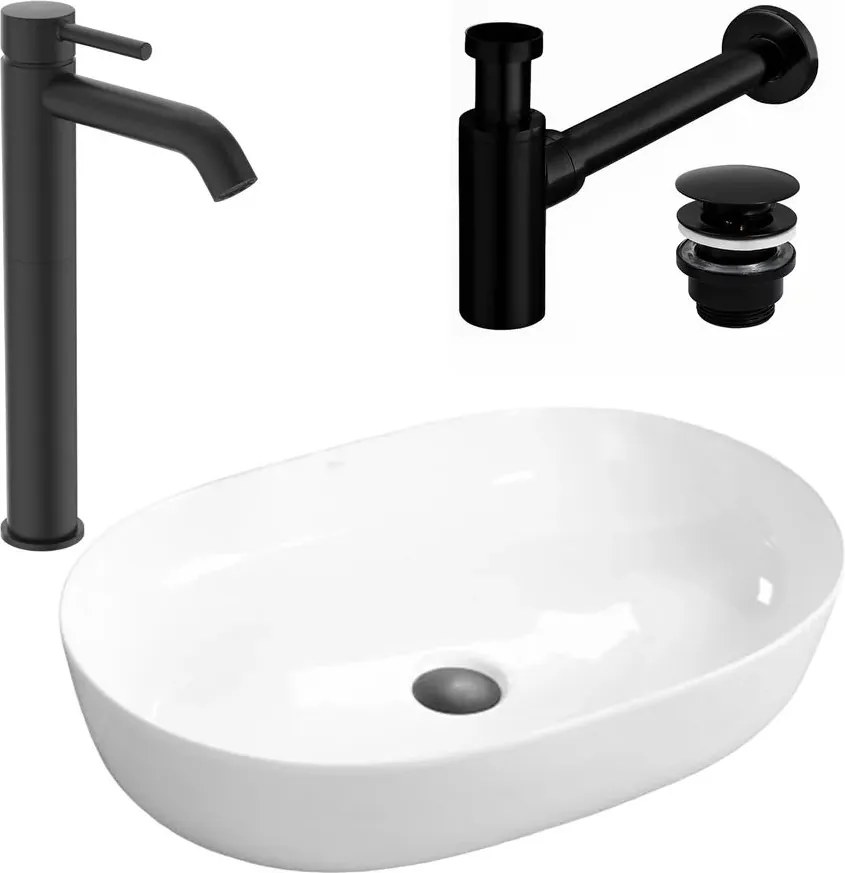 Pachet lavoar pe blat Rea Cleo alb 61 cm, baterie lavoar Ideal Standard Ceraline negru si ventil lavoar Click-Clack negru