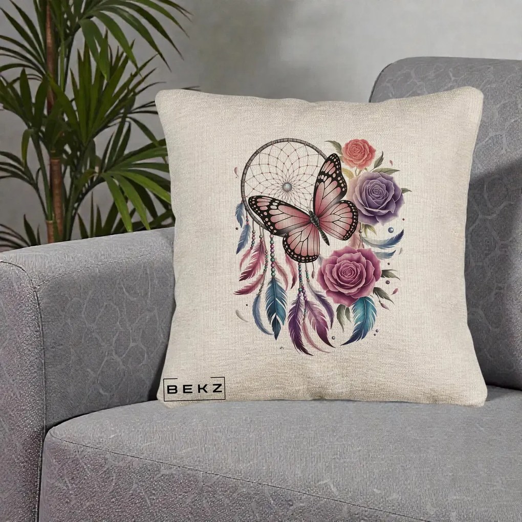 Perna Personalizata Prinzator de Vise cu Fluture si Trandafiri, 40x40 cm, Bej Canapea, Husa Detasabila, Perna Inclusa, BEKZ®