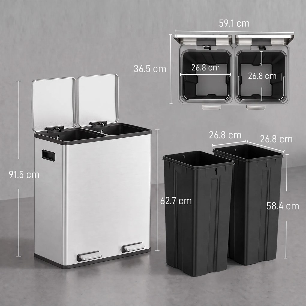 HOMCOM Coș de gunoi pentru bucătărie 2 x 30 L, cu pedală, din oțel inoxidabil, cu recipiente detașabile și închidere lentă, argintiu | Aosom Romania