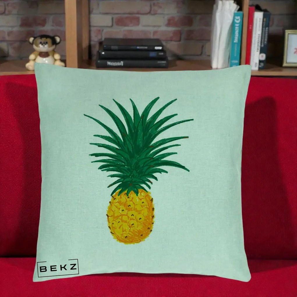 Perna Decorativa Ananas Tropical, 40x40 cm, Verde Menta, Husa Detasabila, Perna Inclusa, BEKZ®