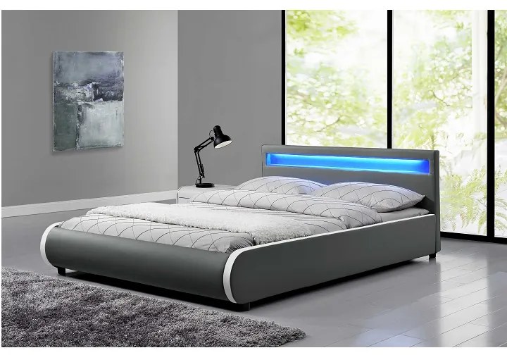 Pat tapitat cu led , piele eco gri, 160x200 cm, cu suport saltea inclus,Bortis Impex 160x200 cm -loc saltea