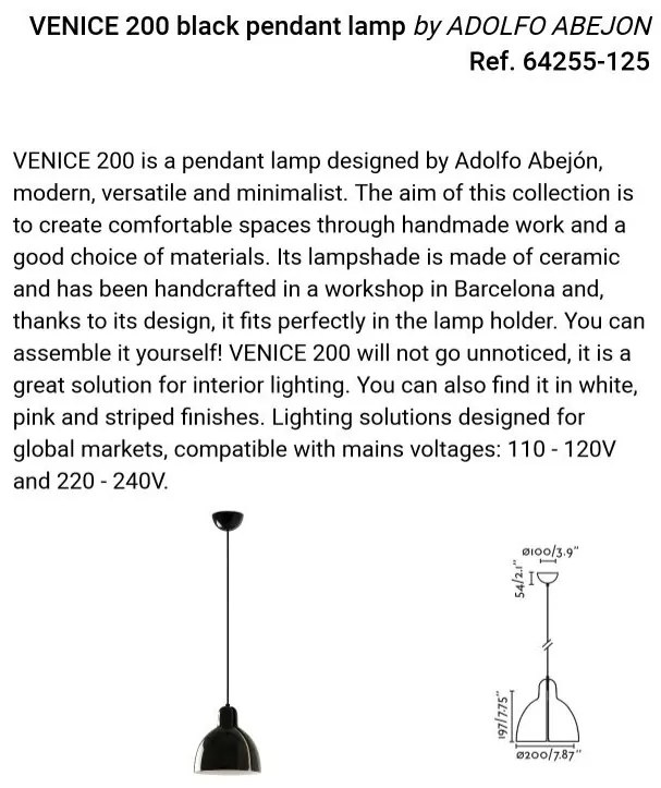 Pendul cu abajur ceramic realizat manual VENICE 200, negru