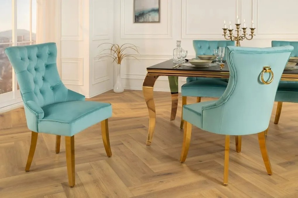 Set 2 scaune Stil Baroc, Catifea, Albastru Deschis, Metal, Auriu, Castle