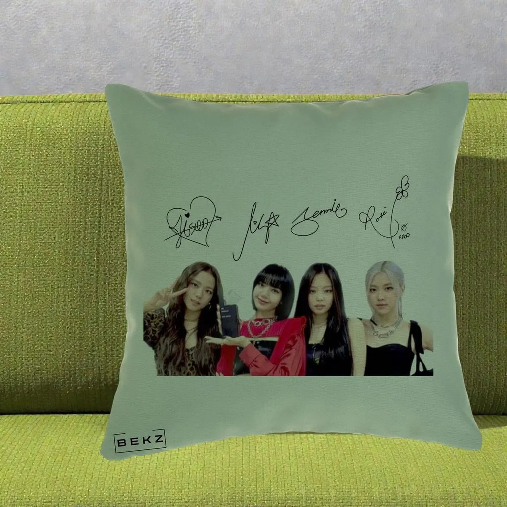 Perna Personalizata K-pop BLACKPINK Semnaturi, 40x40 cm, Verde, Husa Detasabila, Perna Inclusa, BEKZ®