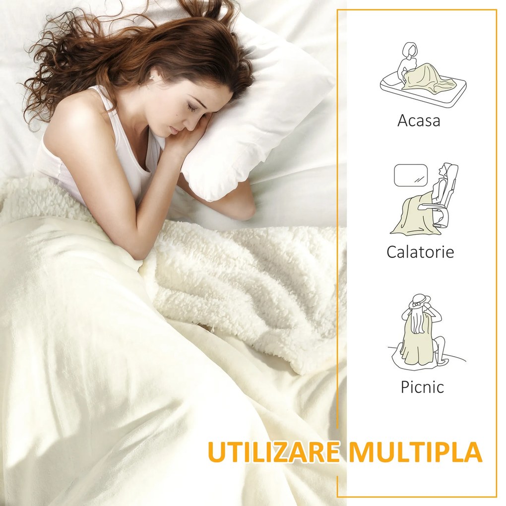 HOMCOM Patura din Fleece Sherpa pentru Canapele, Patura Dubla Reversibila si Calduroasa si Pufoasa, Dimensiune Dubla, 203x152cm, Crem | Aosom Romania