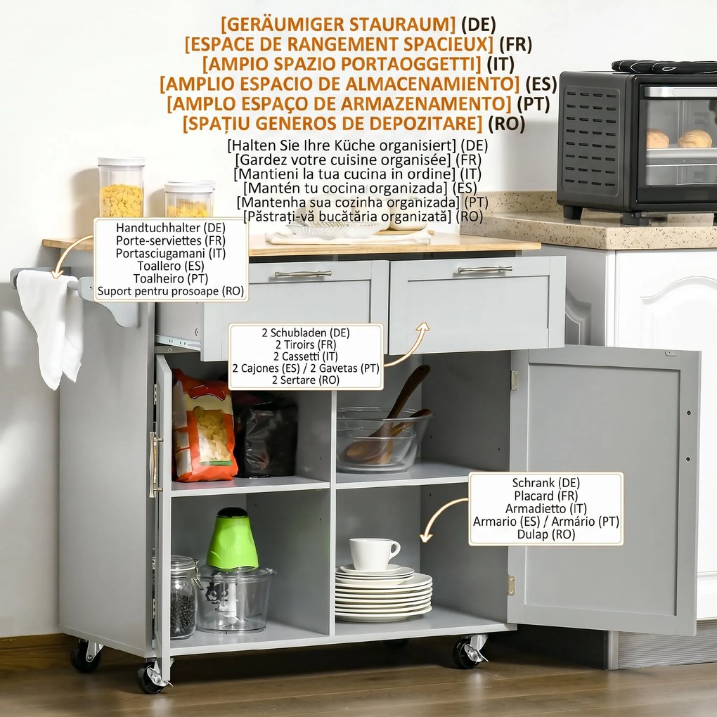 HOMCOM Insulă de Bucătărie cu Blat de Lucru din Lemn de Cauciuc, Roți, 2 Sertare, Dulăpior și Rafturi, 104x46x91 cm, Gri | Aosom Romania