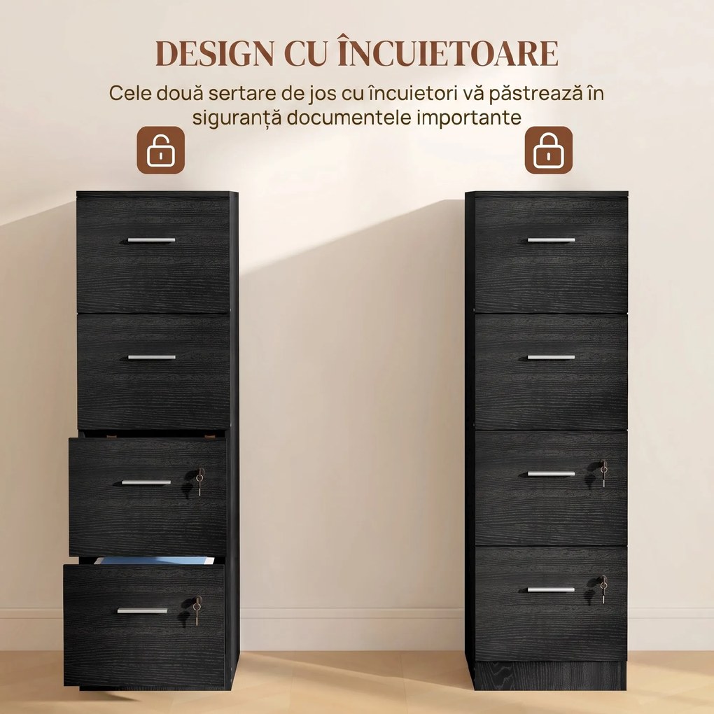 HOMCOM Dulap de Birou cu 4 Sertare, 2 Încuietori și Bare pentru Dosare Suspendate, cu Aspect de Lemn, 40x42x130,8 cm, Negru | Aosom Romania