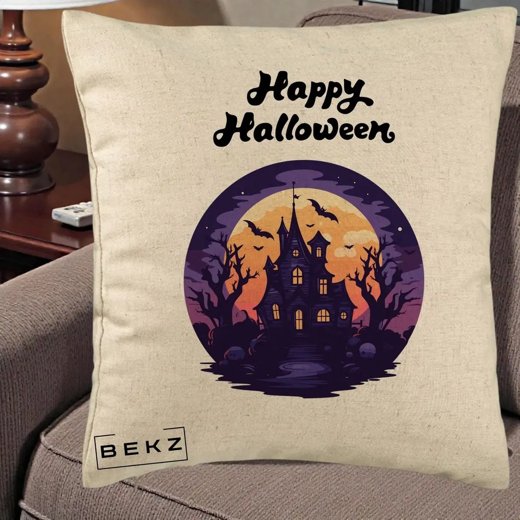 Perna Decorativa Happy Halloween Casa Bantuita Violet, 40x40 cm, Bej, Husa Detasabila, Perna Inclusa, BEKZ®
