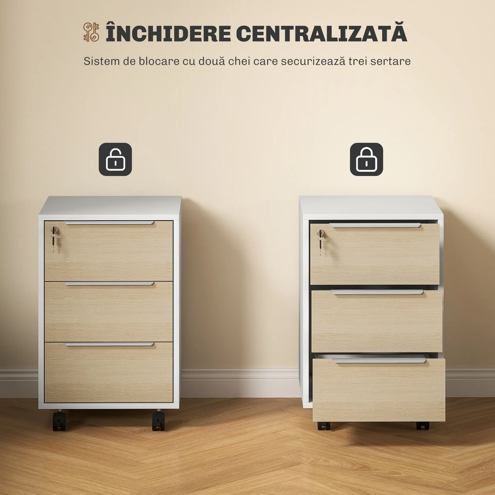 HOMCOM Dulap de Birou cu 3 Sertare, 4 Roți, Comodă de Birou cu Sistem de Blocare și 2 Chei pentru Documente Format A4, Dulap Vertical pentru Studiu, 40x40x63.5 cm, Alb și Stejar | Aosom Romania