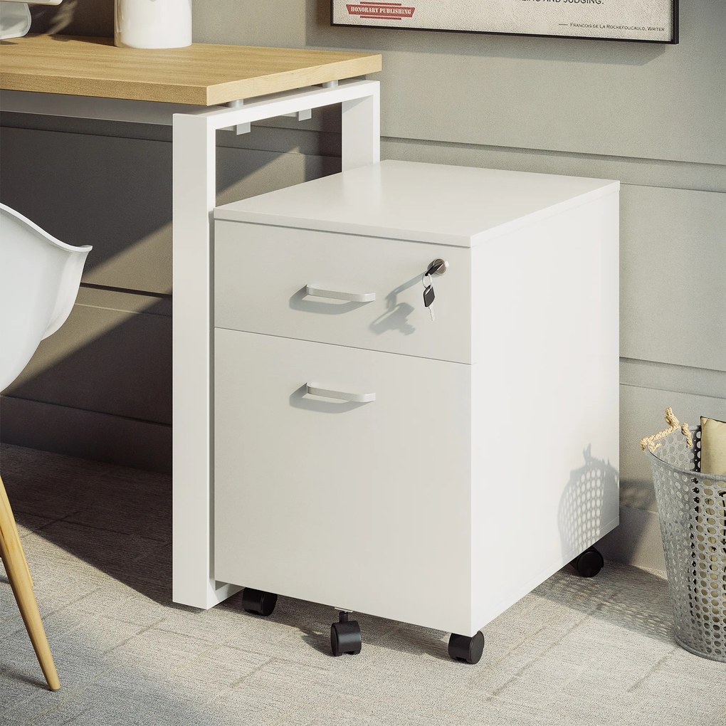Vinsetto Dulap cu sertare, cu 2 Sertare și 5 Roti, Fiset Birou cu Încuietoare, Design Modern, Alb| Aosom Romania