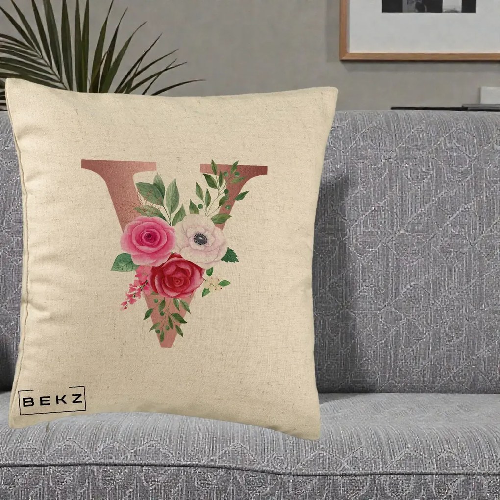 Cadou Personalizat - Perna Personalizata Monograma Rose Gold Litera V, 40x40 cm, Bej, Husa Detasabila, Perna Inclusa, BEKZ®