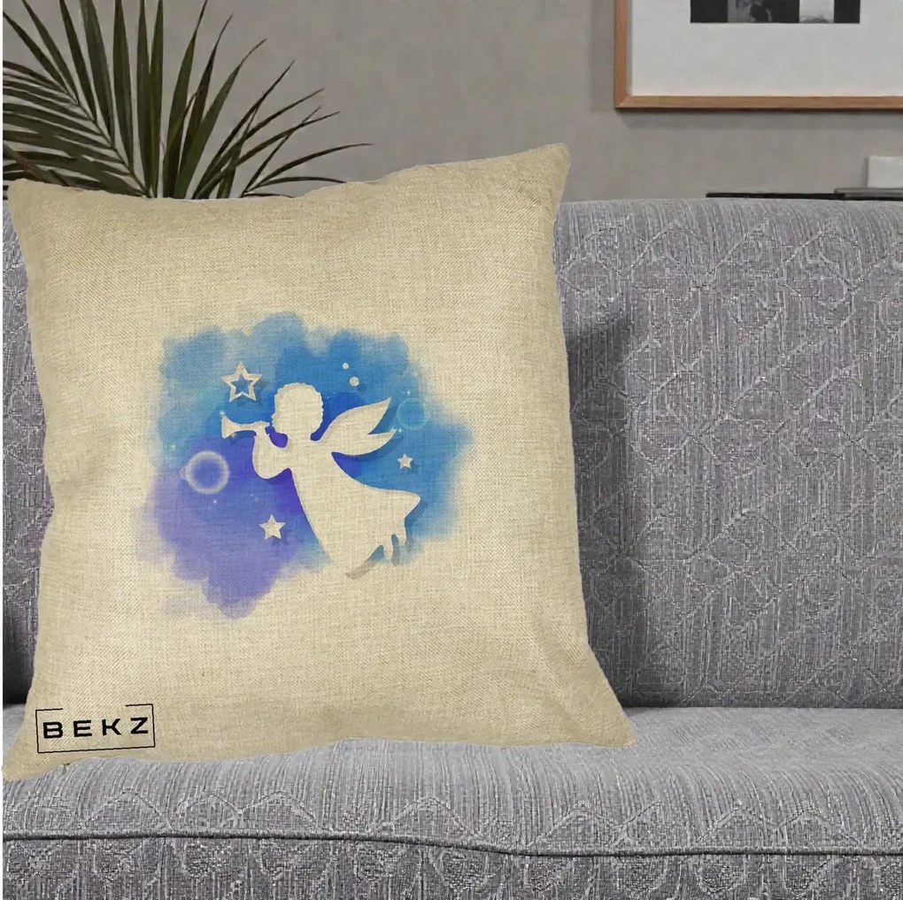 Perna Decorativa Inger cu Trompeta Albastru, 40x40 cm, Crem, Husa Detasabila, Perna Inclusa, BEKZ®