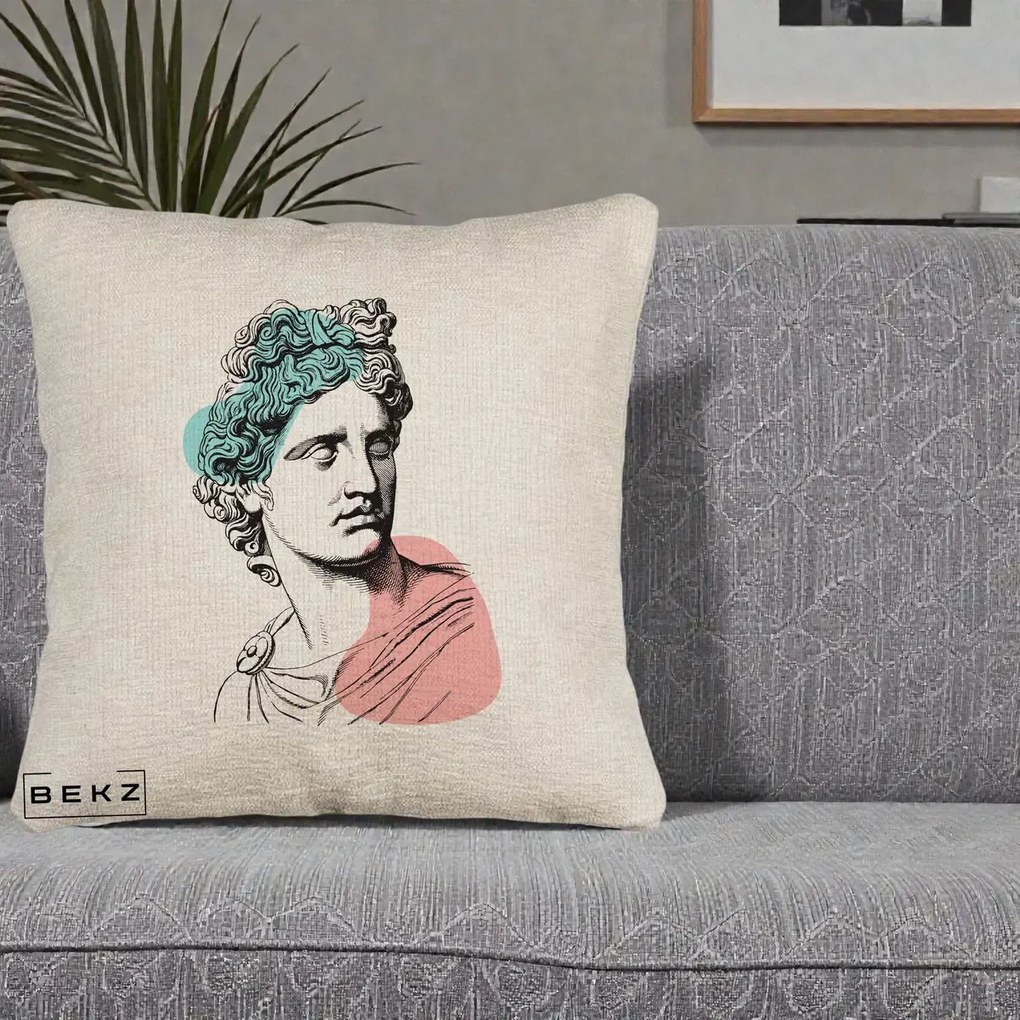 Perna Decorativa Bust Grec Vaporwave, 40x40 cm, Bej Canapea, Husa Detasabila, Perna Inclusa, BEKZ®