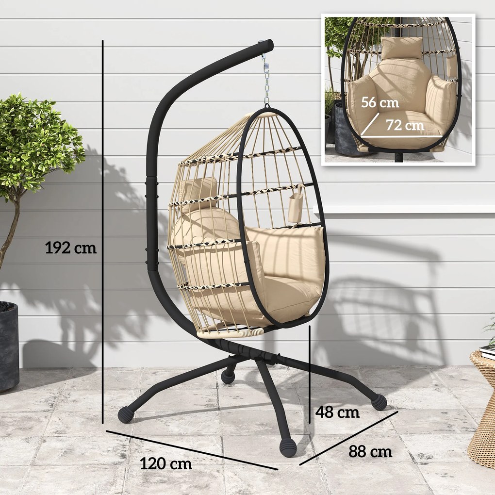 Outsunny Fotoliu Suspendat Tip Ou cu Lanț Reglabil, 2 Perne Detașabile și Suport pentru Pahare, Scaun Balansoar Pliabil pentru Grădină, Bază în X din Oțel, pentru Interior și Exterior, 120x88x192 cm, Bej | Aosom Romania