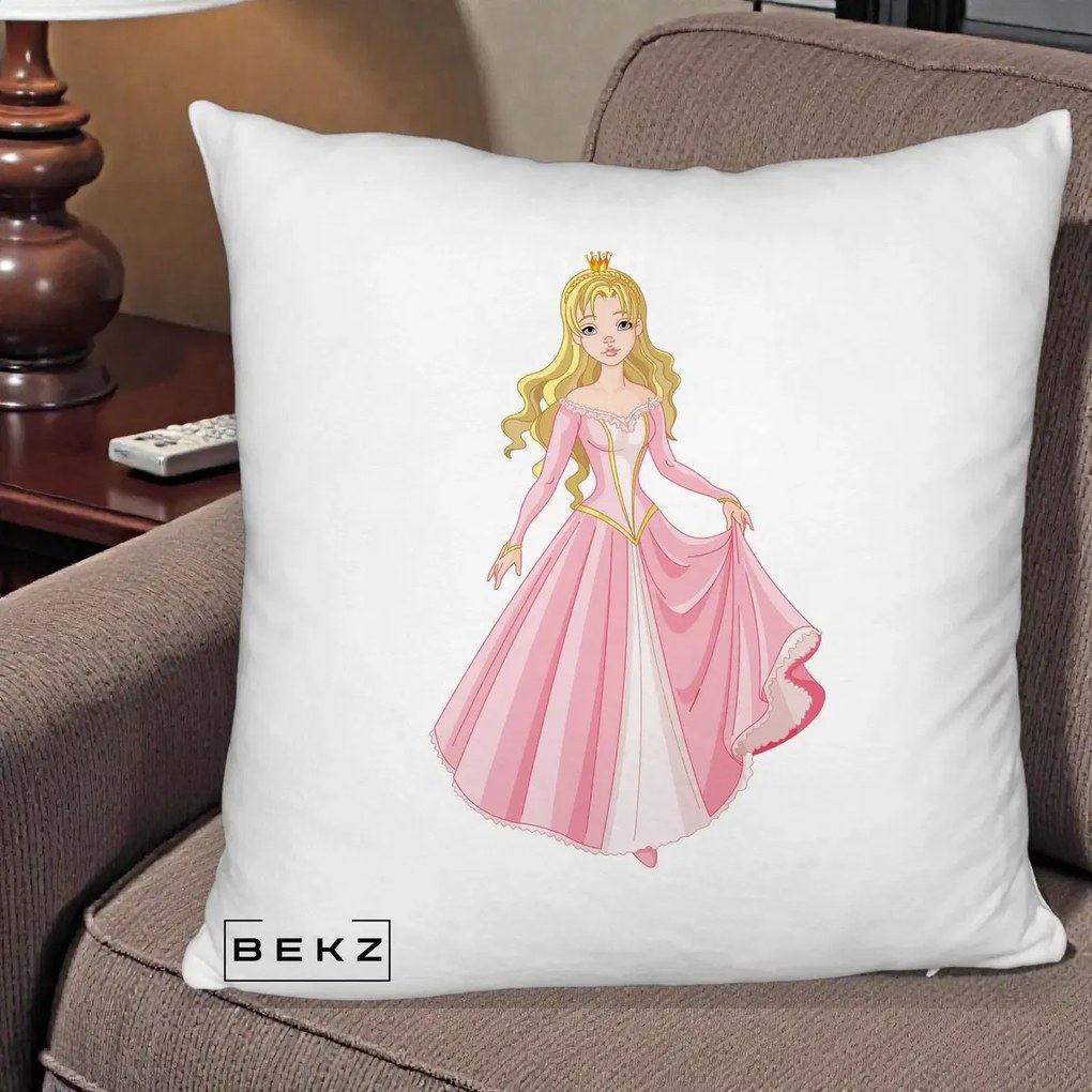 Perna Decorativa Printesa Aurora Rochie Roz, 40x40 cm, Alb Pufos, Husa Detasabila, Perna Inclusa, BEKZ®