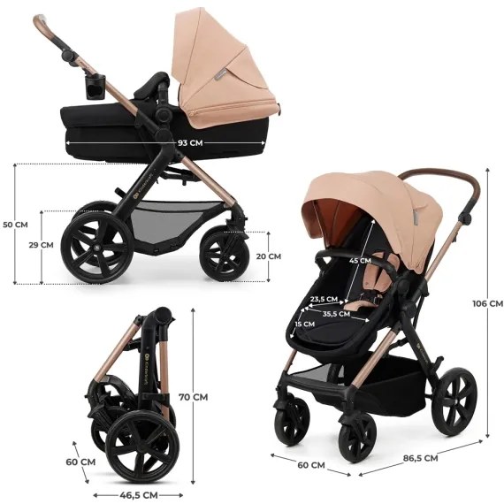 Cărucior de copii combinat 3 în 1 KINDERKRAFT MOOV 2 Sand beige + scaun auto MINK PRO