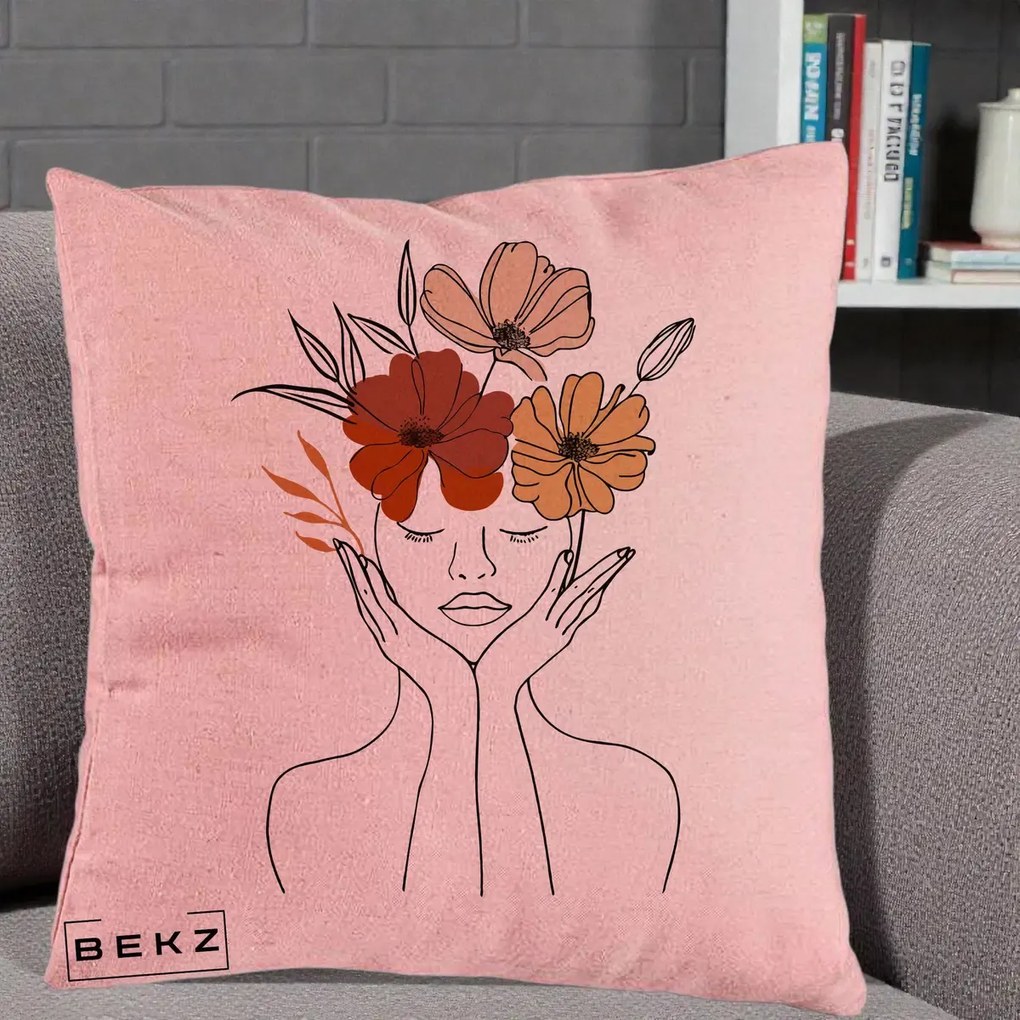 Perna Decorativa Portret Feminin Coroana Trei Flori, 40x40 cm, Roz, Husa Detasabila, Perna Inclusa, BEKZ®