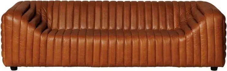 Canapea 3 locuri din piele naturală cognac, cu capitonaj în canale verticale, aspect retro, 63 x 249 x 98 cm, „Freud”