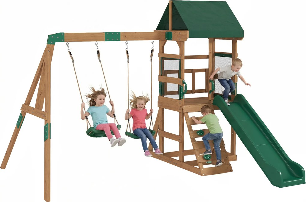 AIYAPLAY Turn de joacă Cadru de cățărat Lemn Cadru de leagăn cu tobogan 2 leagăne Perete de cățărat pentru 3-8 ani 315x284x233 cm Verde | Aosom Romania