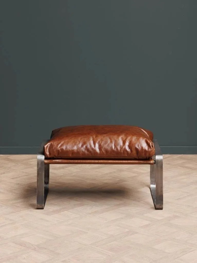 Set fotoliu și taburet pentru picioare din piele naturală full grain, maro, cu cadru din metal, 76 x 63,5 x 106 cm și 40 x 69 x 46 cm, „Homy”