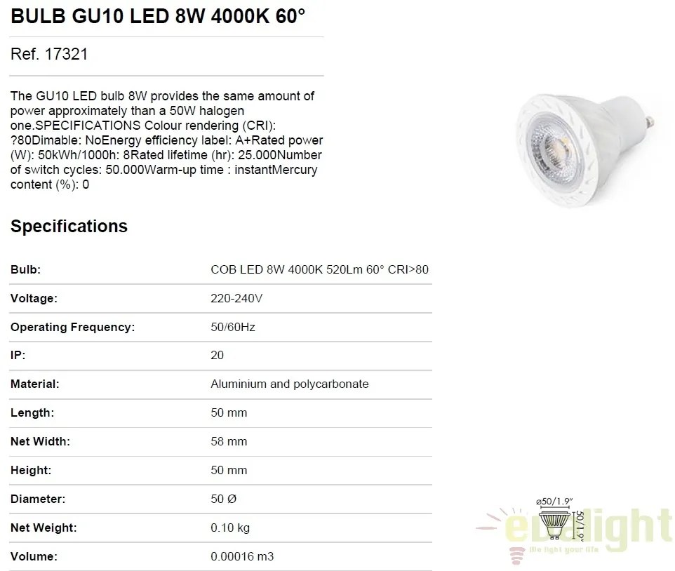 BEC LED GU10 8W 4000K 17321