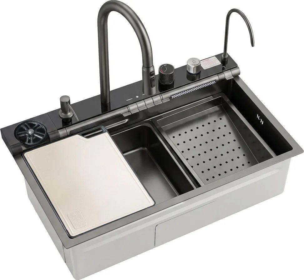 Statie de lucru multifunctionala Rea Alonzo inox finisaj negru metalizat 75x46 cm cu sistem filtrare apa