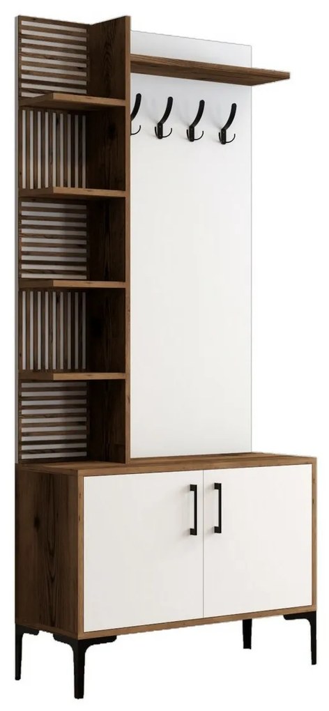 Cuier cu dulap pentru pantofi și rafturi ViyanaWalnut and White