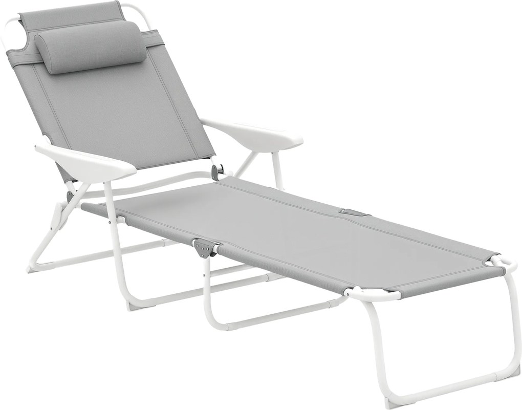 Outsunny Șezlong pliabil pentru grădină cu pernă pentru cap, fotoliu cu spătar reglabil în 4 trepte până la 120 kg, gri deschis | Aosom Romania
