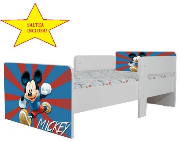 Pat star imprimat cu Mickey Mouse, cu protectie si saltea, 180x80 cm