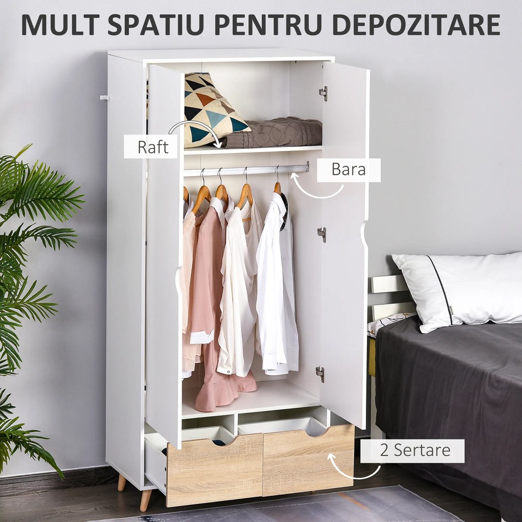 HOMCOM Dulap Multifuncțional Elegant cu Raft, Bară Umerașe și 2 Sertare, Dulap pentru Cameră cu 2 Uși, Alb, 80x40x180cm | Aosom Romania