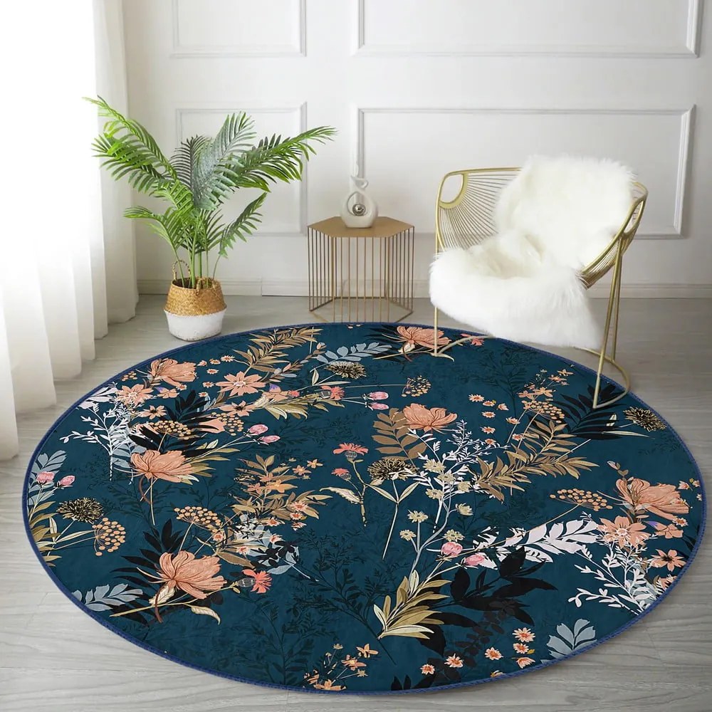 Covor rotund albastru închis lavabil adecvat și pentru aspiratoare robot ø 80 cm Comfort – Mila Home