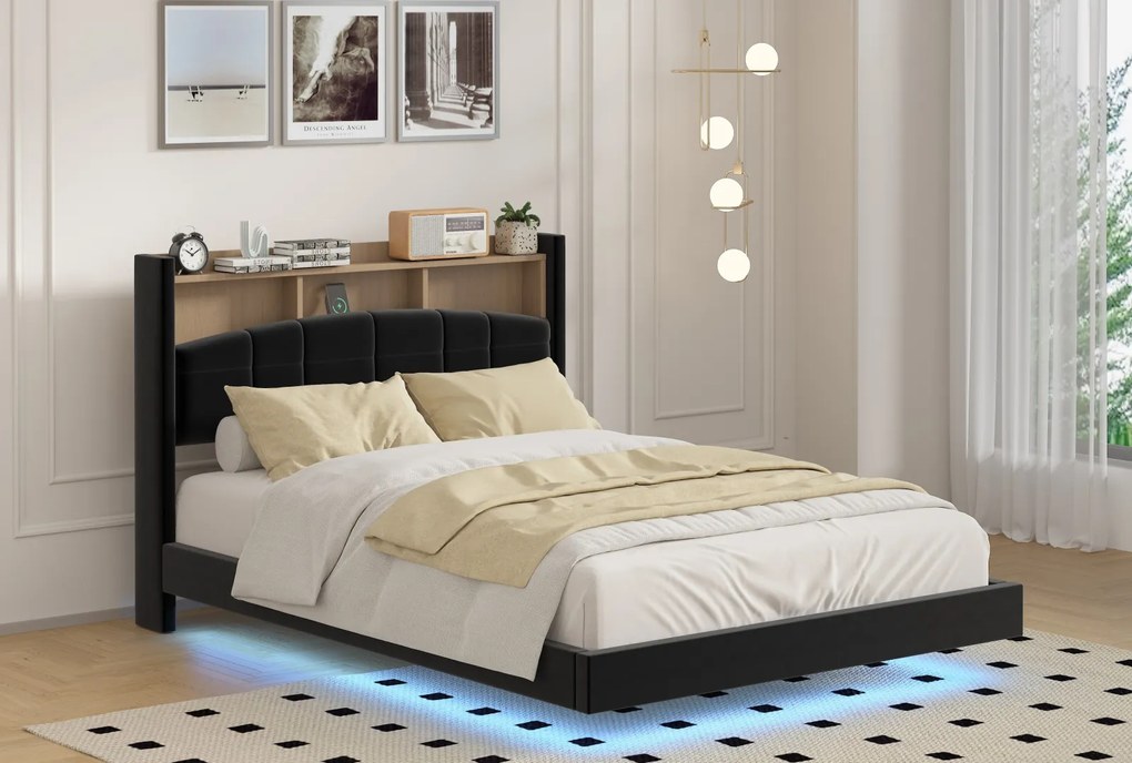 Pat C01 Tapitat Catifea 160x200cm, cu iluminare LED integrata, Negru, Saltea Ortopedica 20cm inclusa